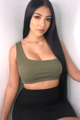 Khaki One Shouldered Crop Top - Kamri-Crop Tops