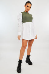 Khaki Overlay Detail Puff Sleeve White Shirt Dress - Olah-Shirts