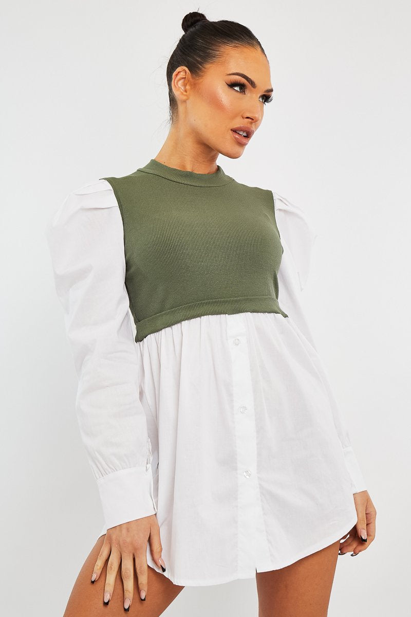 Khaki Overlay Detail Puff Sleeve White Shirt Dress - Olah-Shirts