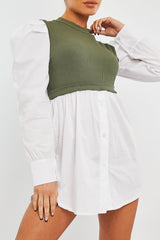 Khaki Overlay Detail Puff Sleeve White Shirt Dress - Olah-Shirts