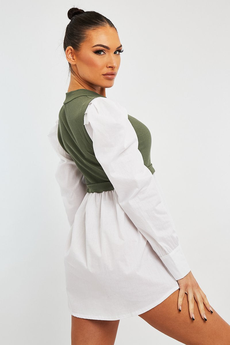 Khaki Overlay Detail Puff Sleeve White Shirt Dress - Olah-Shirts