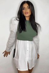 Khaki Overlay Detail Puff Sleeve White Shirt Dress - Olah-Shirts