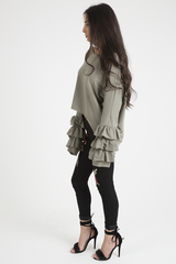 Khaki Oversized Frill Sleeve Top - Connie-Tops