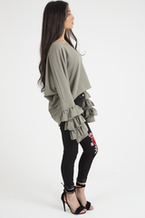 Khaki Oversized Frill Sleeve Top - Connie-Tops