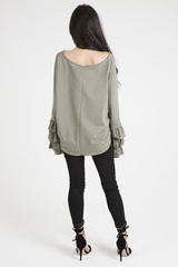Khaki Oversized Frill Sleeve Top - Connie-Tops