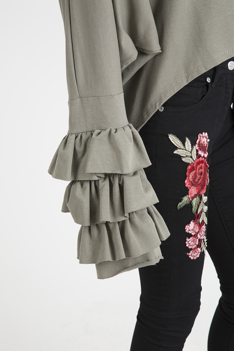 Khaki Oversized Frill Sleeve Top - Connie-Tops