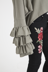 Khaki Oversized Frill Sleeve Top - Connie-Tops