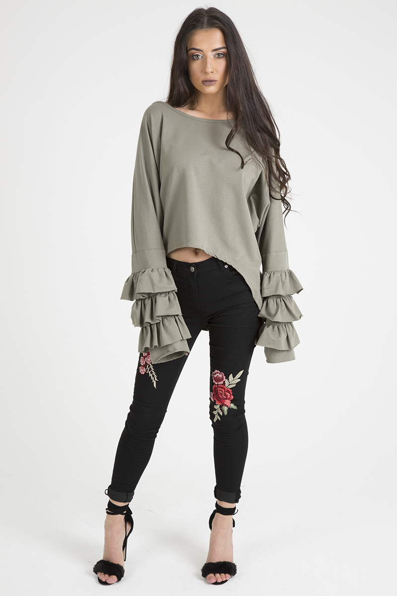 Khaki Oversized Frill Sleeve Top - Connie-Tops