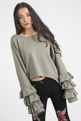 Khaki Oversized Frill Sleeve Top - Connie-Tops