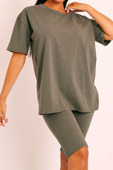 Khaki Oversized T-shirt Cycling Shorts Co-ord - Bethanny-Co-ords