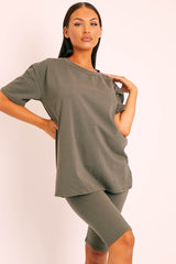 Khaki Oversized T-shirt Cycling Shorts Co-ord - Bethanny-Co-ords
