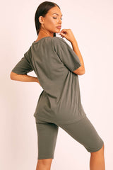 Khaki Oversized T-shirt Cycling Shorts Co-ord - Bethanny-Co-ords