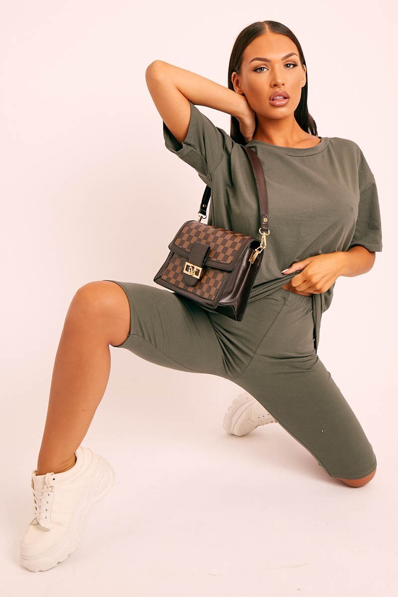 Khaki Oversized T-shirt Cycling Shorts Co-ord - Bethanny-Co-ords
