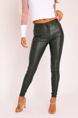 Khaki PU Coated Skinny Jeans - Rachell-Jeans