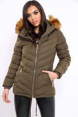 Khaki Padded Coat With Faux Fur Trim Hood - Jocelyn-Coats