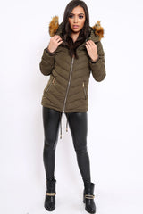 Khaki Padded Coat With Faux Fur Trim Hood - Jocelyn-Coats