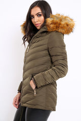Khaki Padded Coat With Faux Fur Trim Hood - Jocelyn-Coats