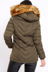 Khaki Padded Coat With Faux Fur Trim Hood - Jocelyn-Coats