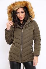 Khaki Padded Coat With Faux Fur Trim Hood - Jocelyn-Coats