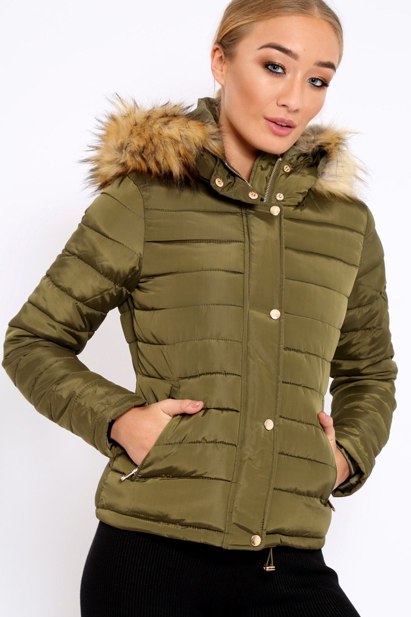 Khaki Padded Coat with Fur Trim Hood - Helena-Coats