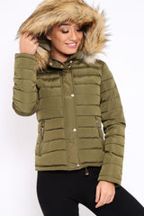 Khaki Padded Coat with Fur Trim Hood - Helena-Coats