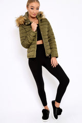 Khaki Padded Coat with Fur Trim Hood - Helena-Coats