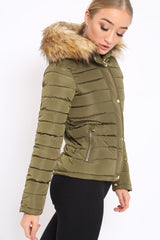 Khaki Padded Coat with Fur Trim Hood - Helena-Coats