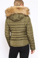 Khaki Padded Coat with Fur Trim Hood - Helena-Coats