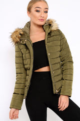 Khaki Padded Coat with Fur Trim Hood - Helena-Coats