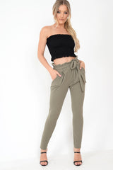 Khaki Paper Bag Tie Waist Cigarette Trousers - Karmen-Trousers