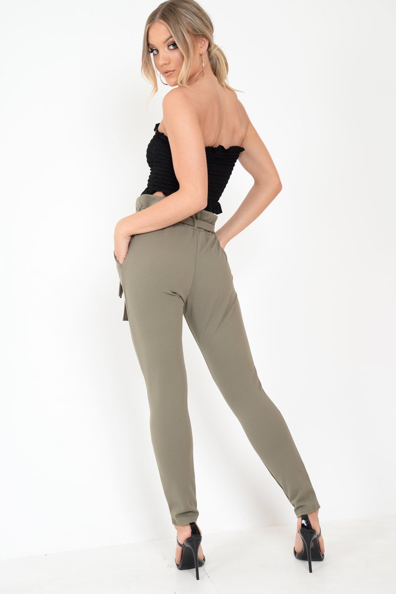 Khaki Paper Bag Tie Waist Cigarette Trousers - Karmen-Trousers