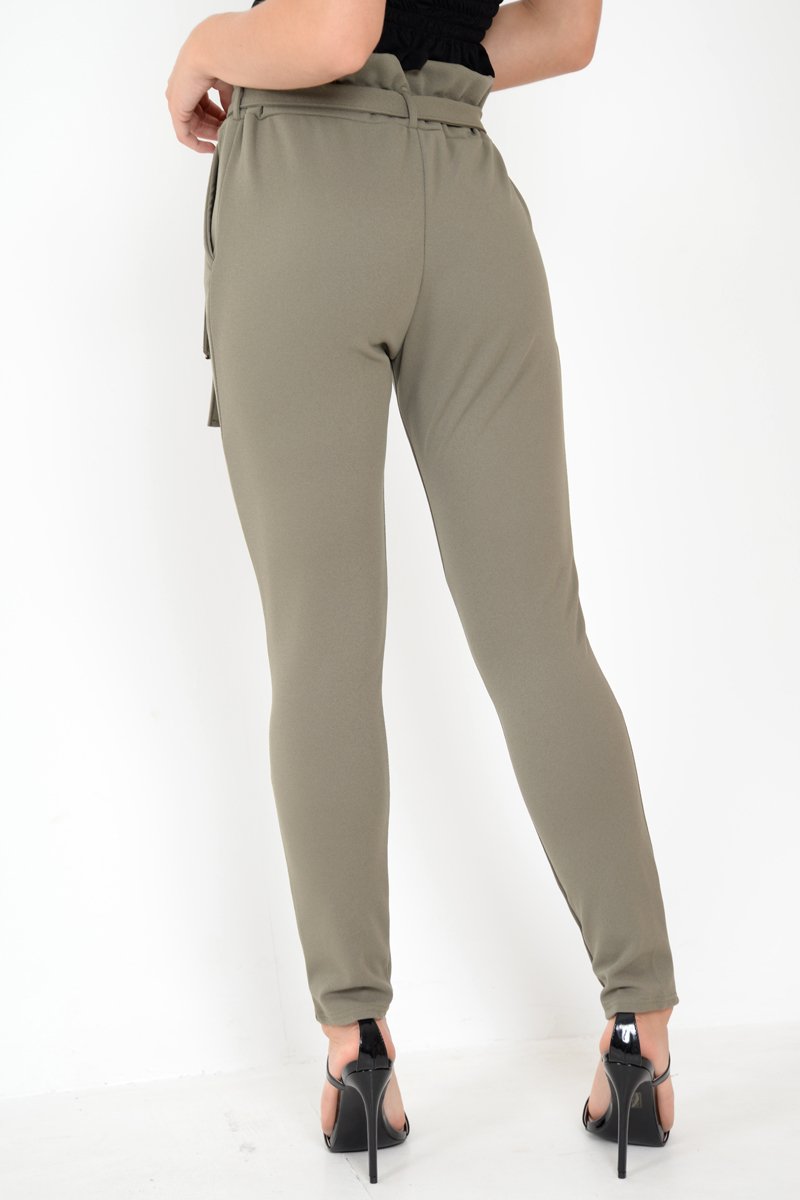 Khaki Paper Bag Tie Waist Cigarette Trousers - Karmen-Trousers