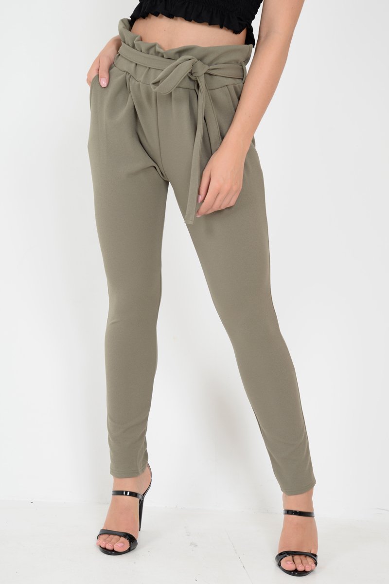 Khaki Paper Bag Tie Waist Cigarette Trousers - Karmen-Trousers