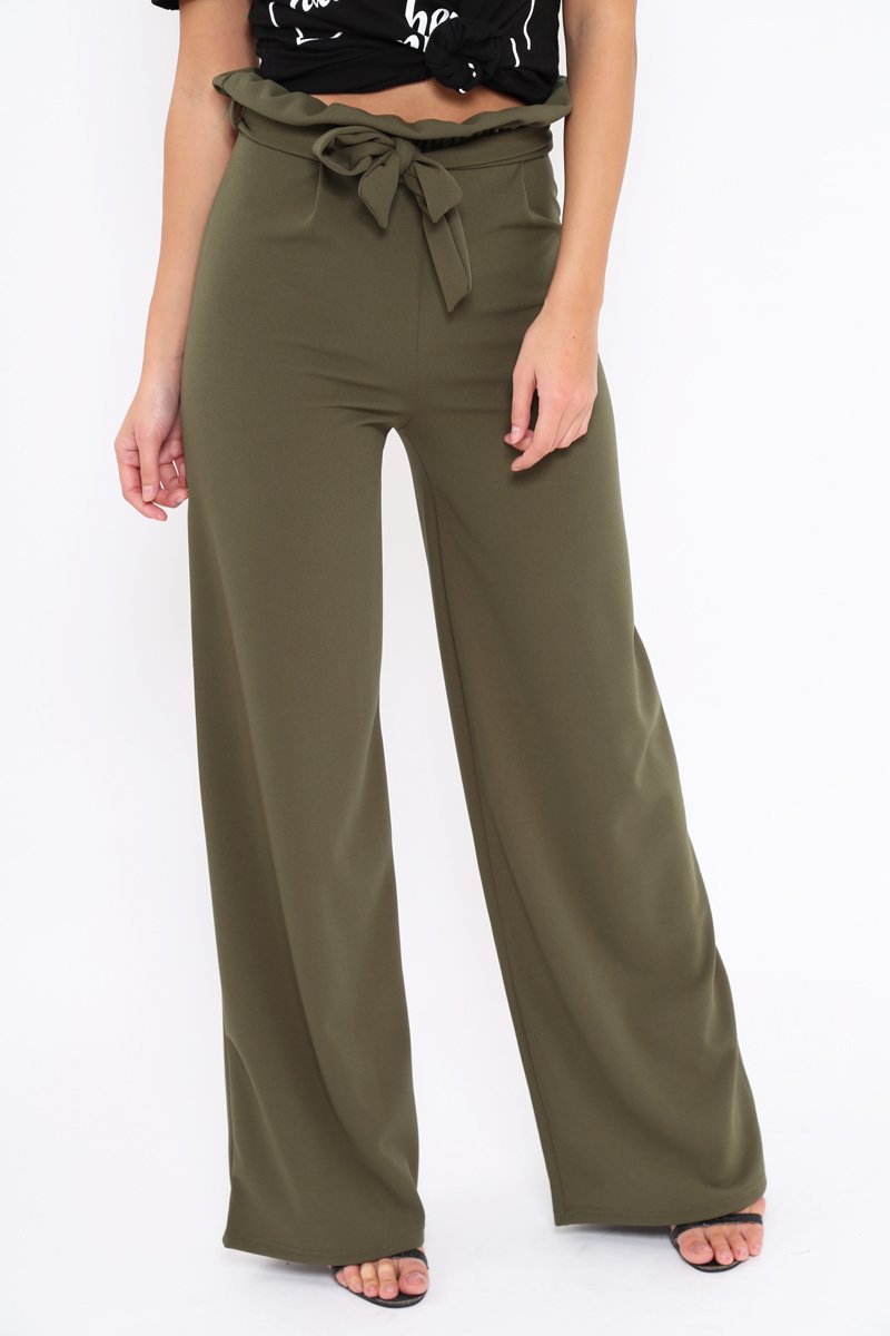 Khaki Paper Bag Tie Waist Wide Leg Trousers - Kennedy-Trousers