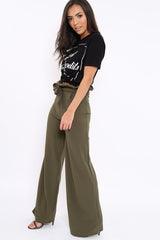 Khaki Paper Bag Tie Waist Wide Leg Trousers - Kennedy-Trousers