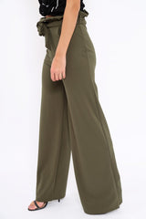 Khaki Paper Bag Tie Waist Wide Leg Trousers - Kennedy-Trousers