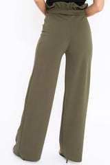 Khaki Paper Bag Tie Waist Wide Leg Trousers - Kennedy-Trousers