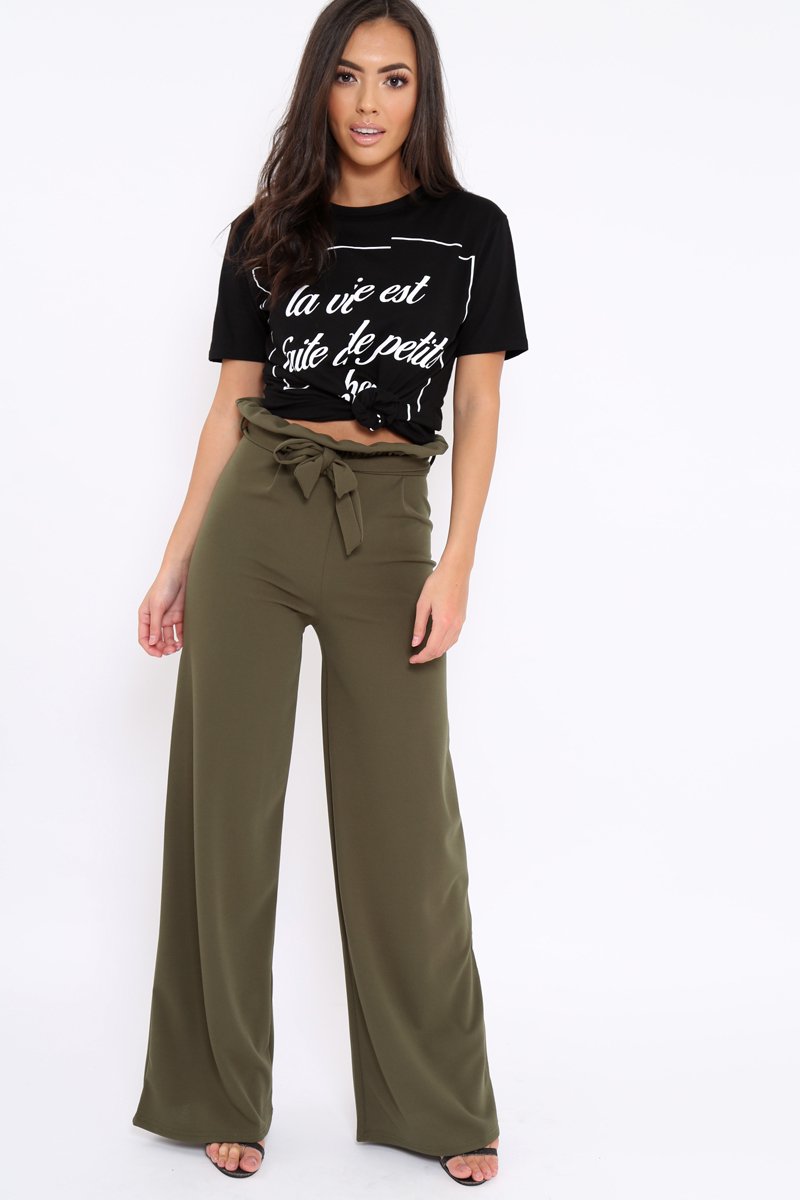 Khaki Paper Bag Tie Waist Wide Leg Trousers - Kennedy-Trousers