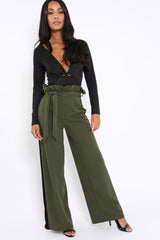 Khaki Paper Bag Tie Waist Wide Leg Trousers With Black Stripe - Kennedy-Trousers