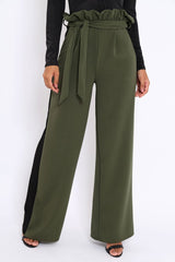 Khaki Paper Bag Tie Waist Wide Leg Trousers With Black Stripe - Kennedy-Trousers