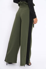 Khaki Paper Bag Tie Waist Wide Leg Trousers With Black Stripe - Kennedy-Trousers