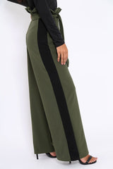 Khaki Paper Bag Tie Waist Wide Leg Trousers With Black Stripe - Kennedy-Trousers