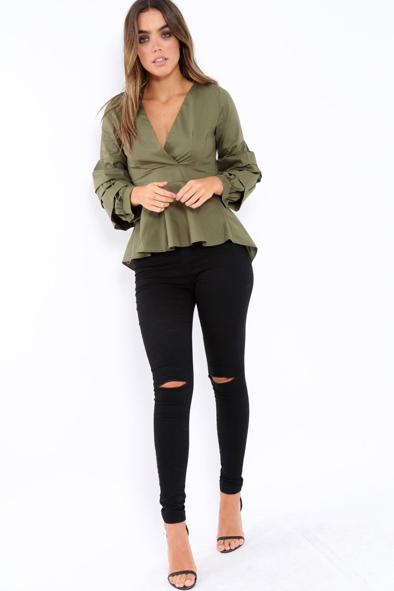 Khaki Pleated Dip Hem Top - Avah-Tops