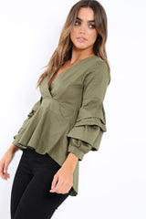Khaki Pleated Dip Hem Top - Avah-Tops