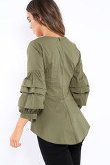 Khaki Pleated Dip Hem Top - Avah-Tops