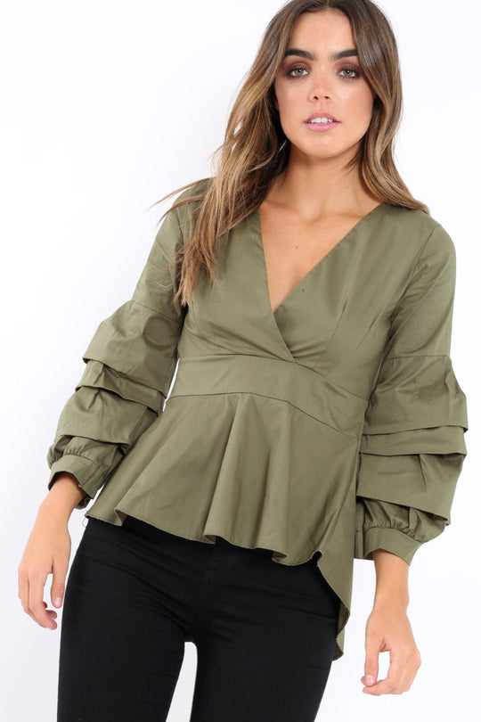 Khaki Pleated Dip Hem Top - Avah