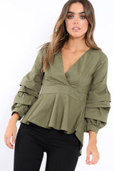 Khaki Pleated Dip Hem Top - Avah-Tops