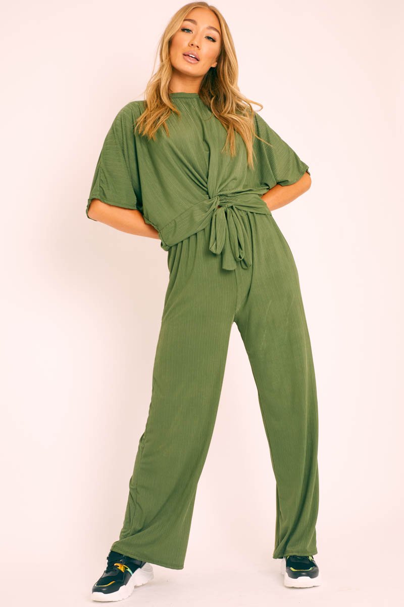 Khaki Plisse Wide Leg Trouser and Top Co-ord - Hellen-Co-ords