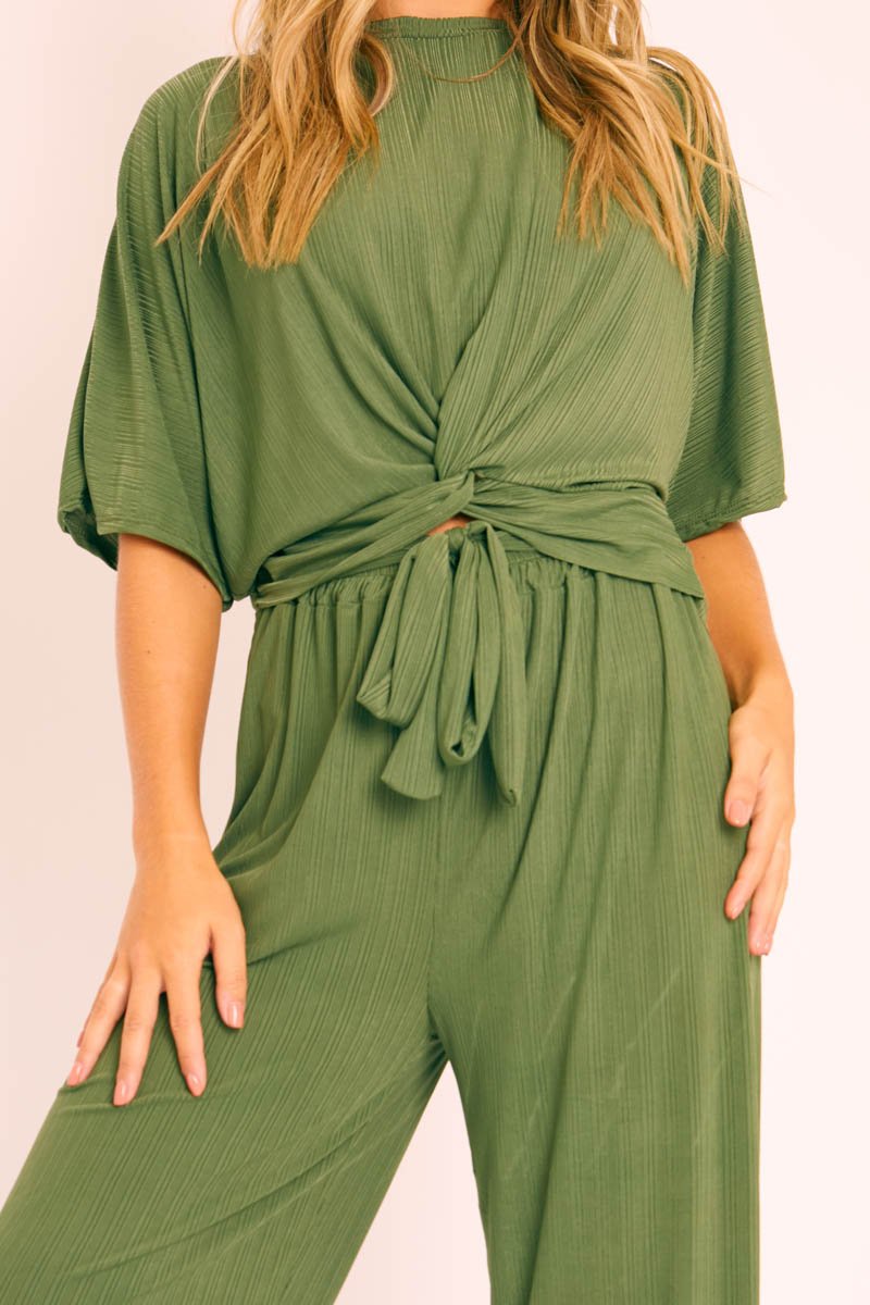 Khaki Plisse Wide Leg Trouser and Top Co-ord - Hellen-Co-ords