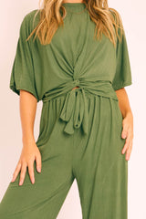 Khaki Plisse Wide Leg Trouser and Top Co-ord - Hellen-Co-ords